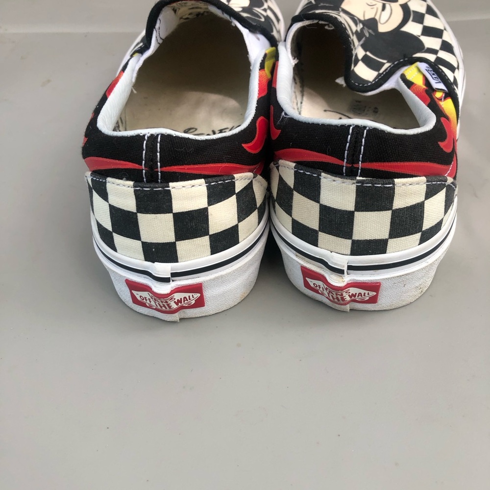Vans Black & White Checkerboard Slip-Ons with Red/Yellow Flame and Mickey Art - Picture 4 of 6